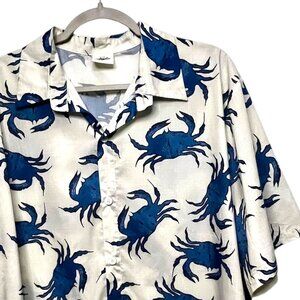 Catch The Waves Button Up Shirt Mens 2XL Blue Crab Crabs Summer‎ Camp Airy AOP